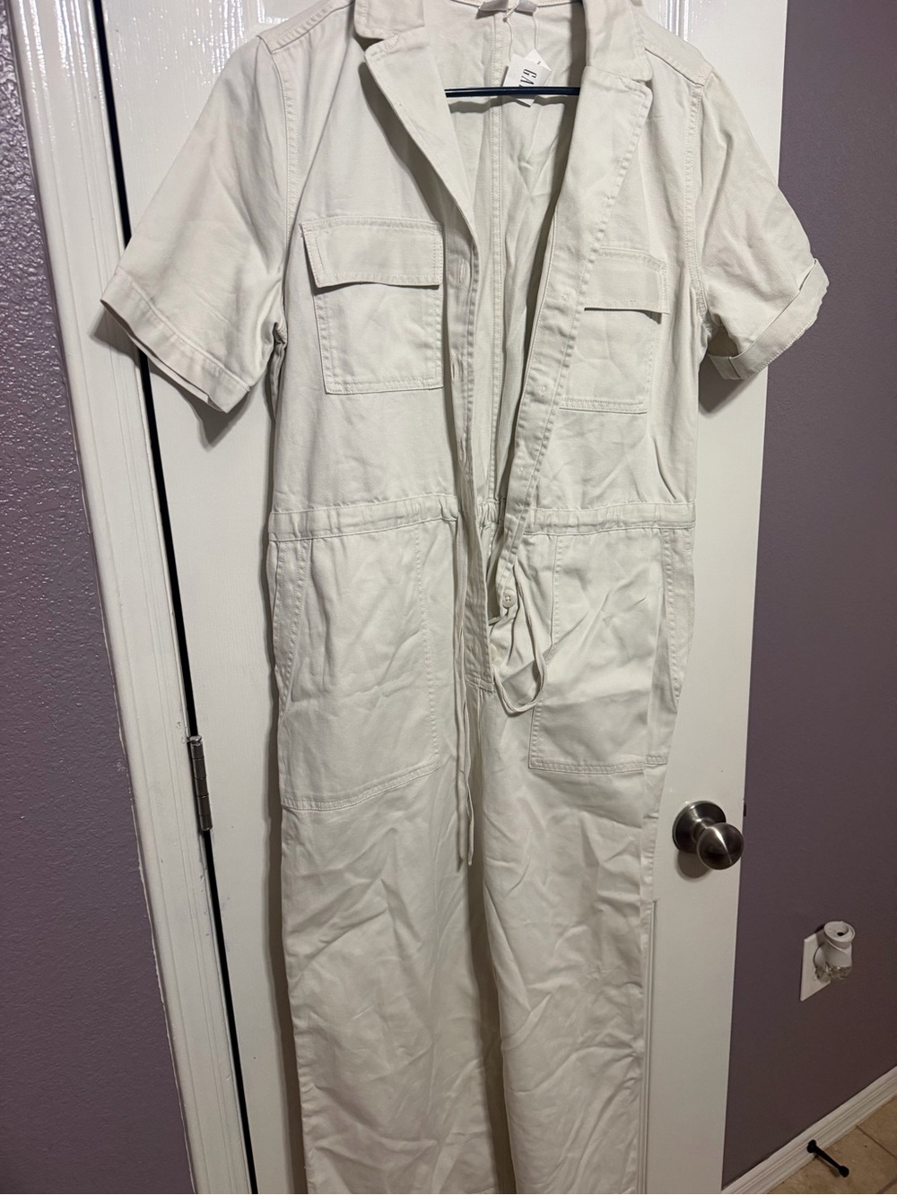 GAP Cream Short-Sleeve Utility Jumpsuit
